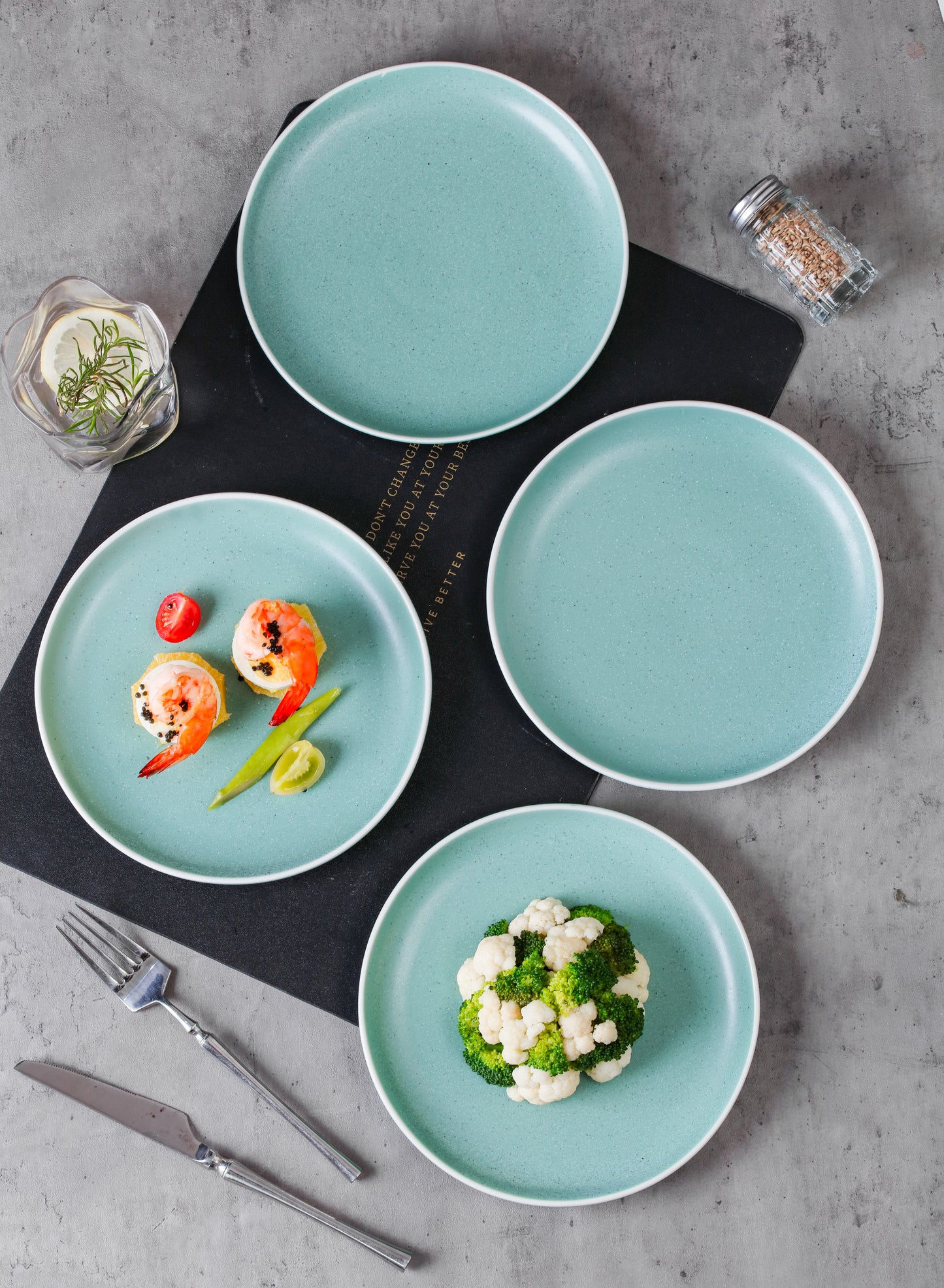 SHUER 20CM Dinner Dish Ceramic Dishware of 4PCS Green, Suitable for Ramadan, Wedding, Dinner Scenes