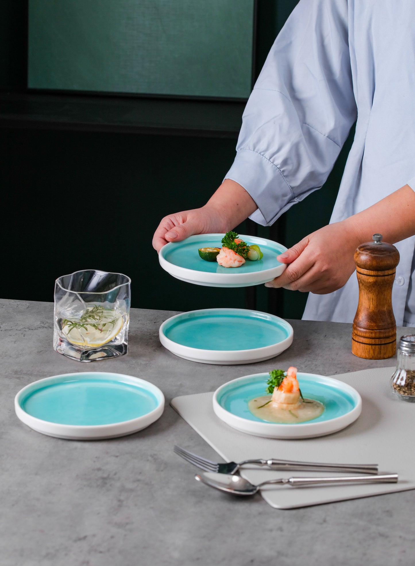 SHUER 15CM Dinner Ceramic Dinnerware of 4PCS Green, Suitable for Ramadan, Wedding, Dinner Scenes