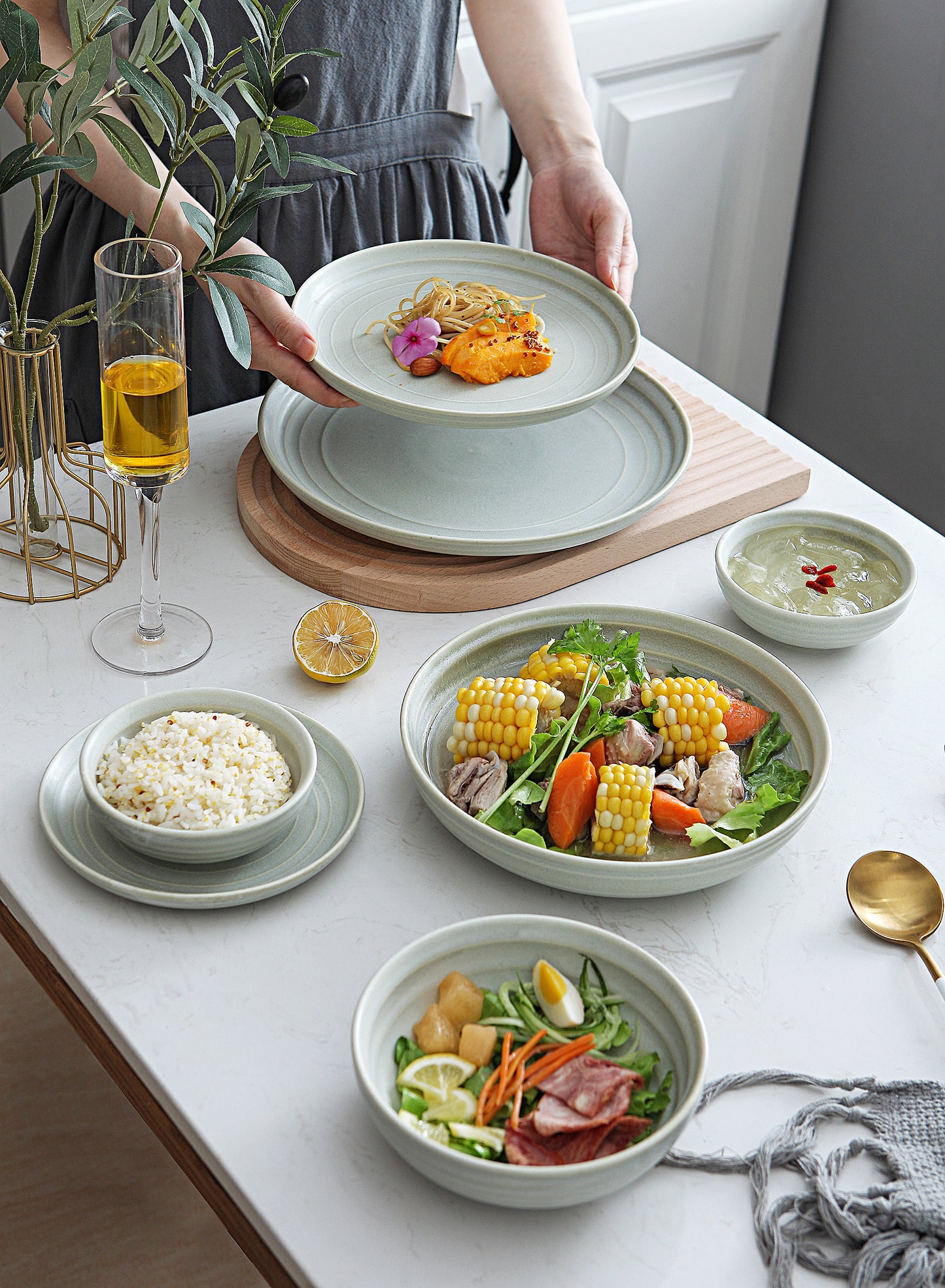 SHUER 28CM Dinner Dish Ceramic Tableware Set Green, Suitable for Ramadan, Wedding Scenes
