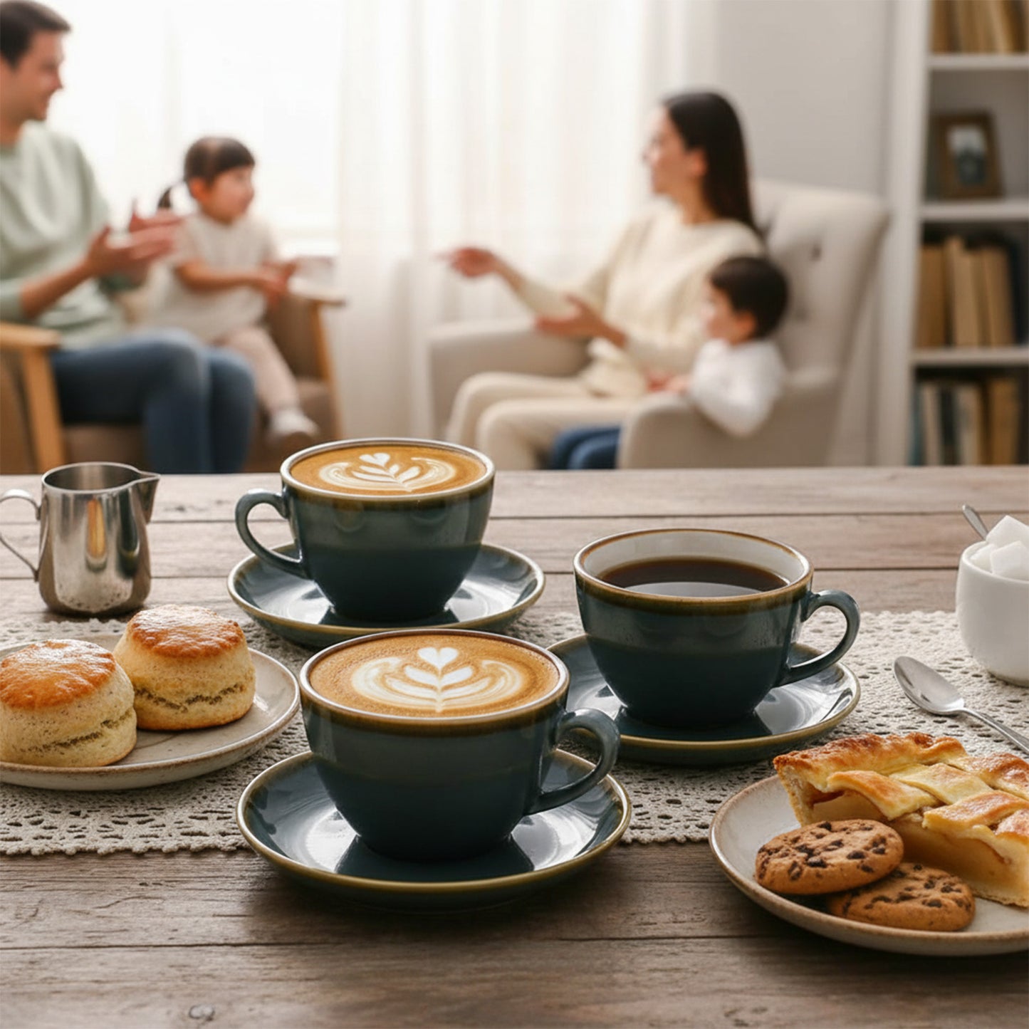 SHUER Ceramic Cappuccino Cup Set of 4, 7.8 OZ Cups and Saucers Set,Coffee Mocha Cup Sets,Black Coffee Cups and Glaze Americano Mugs Great for Party and Low Tea Time