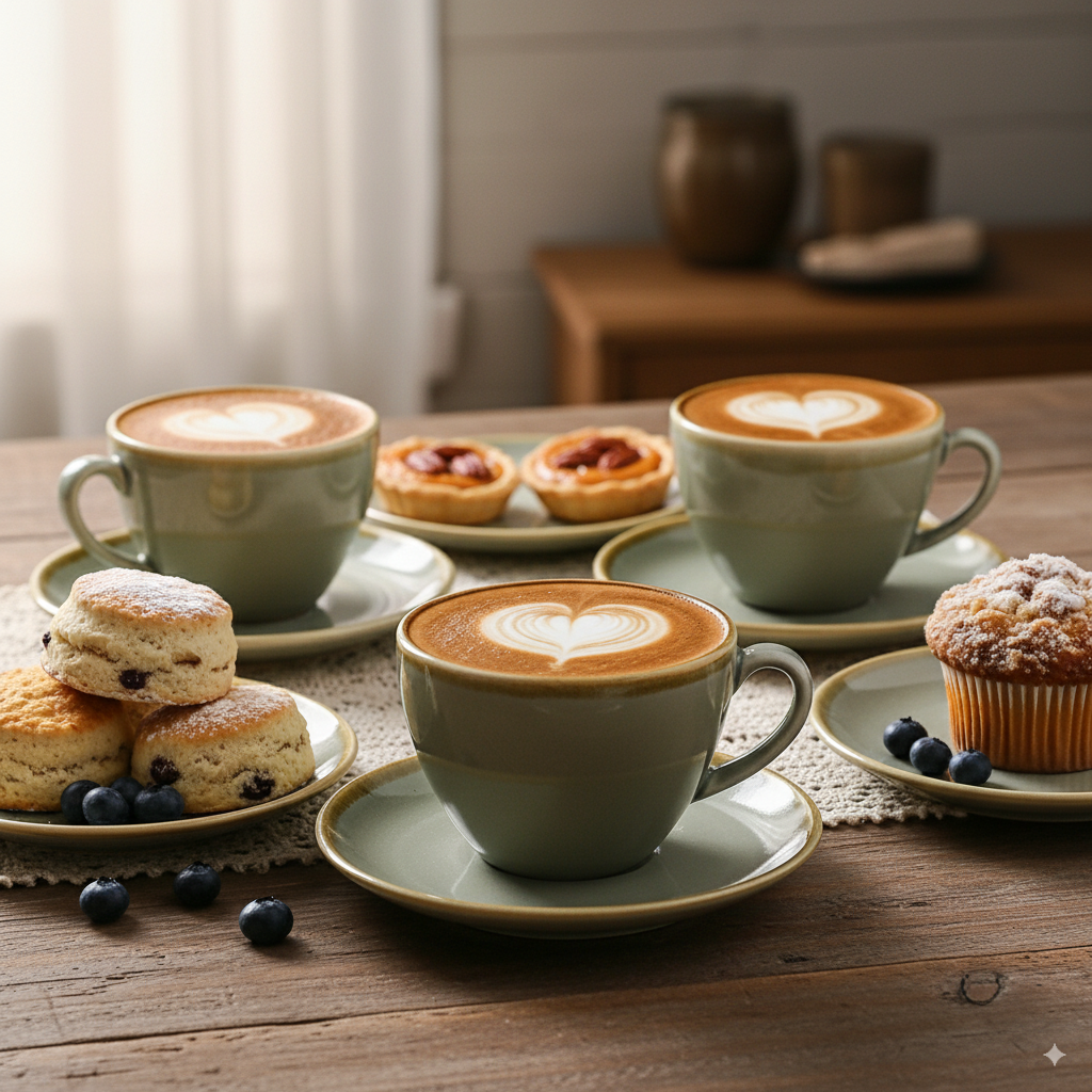 SHUER Ceramic Latte Coffee Cup Set of 4, 11.2 Oz Tea Cup and Saucers Sets,Glaze Americano Cups and Macchiato Coffee Cups,Low Tea Time Mug Set Great for Party