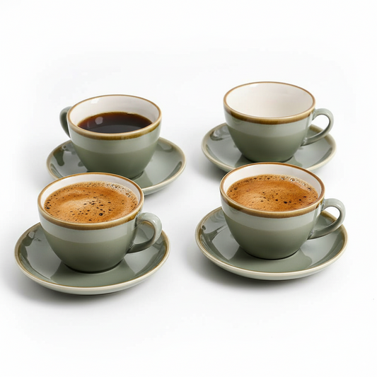 SHUER Ceramic Latte Coffee Cup Set of 4, 11.2 Oz Tea Cup and Saucers Sets,Glaze Americano Cups and Macchiato Coffee Cups,Low Tea Time Mug Set Great for Party