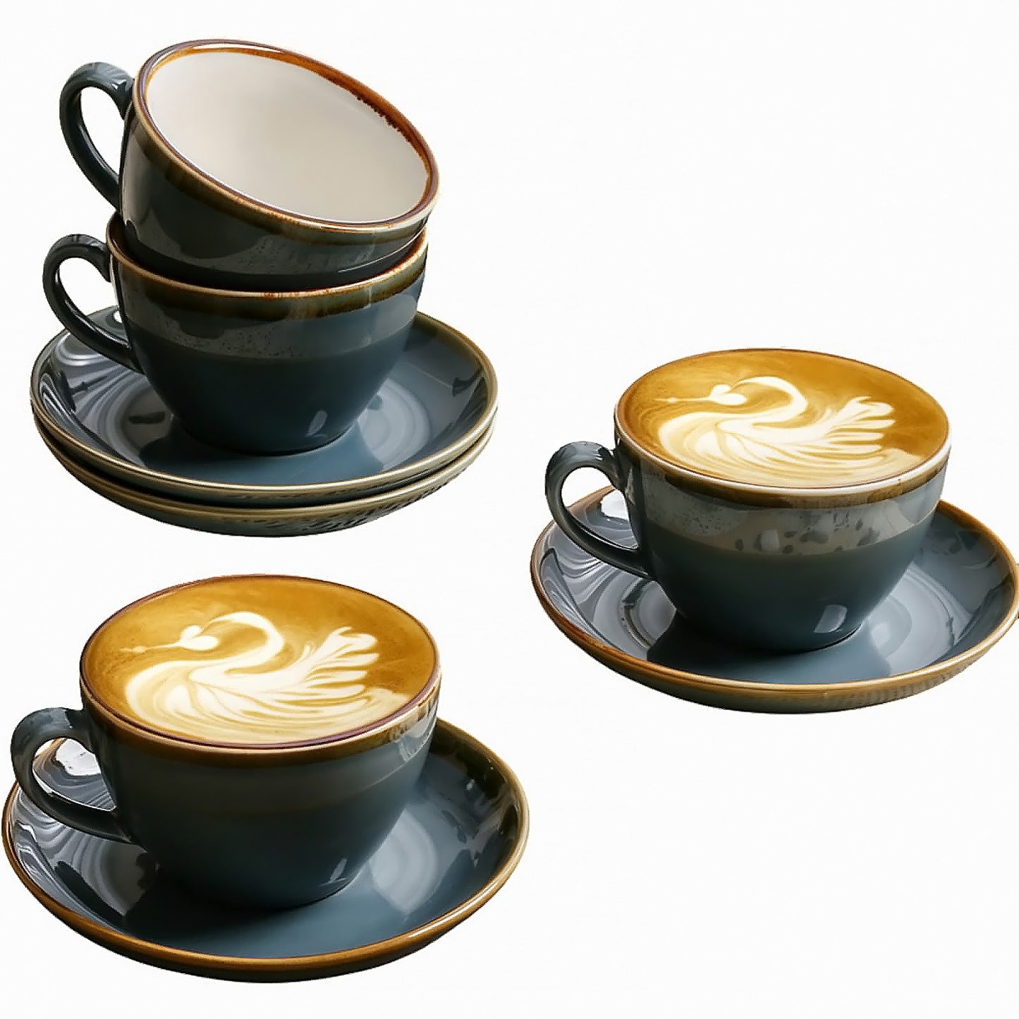 SHUER Ceramic Cappuccino Cup Set of 4, 7.8 OZ Cups and Saucers Set,Coffee Mocha Cup Sets,Black Coffee Cups and Glaze Americano Mugs Great for Party and Low Tea Time