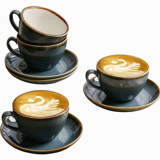 SHUER Ceramic Cappuccino Cup Set of 4, 7.8 OZ Cups and Saucers Set,Coffee Mocha Cup Sets,Black Coffee Cups and Glaze Americano Mugs Great for Party and Low Tea Time