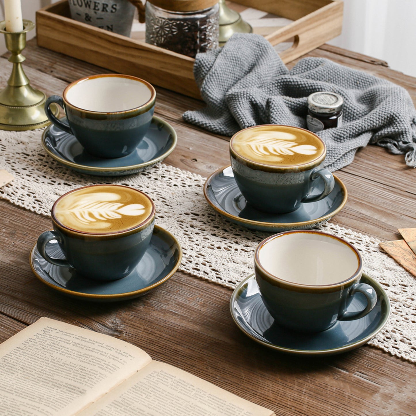 SHUER Ceramic Cappuccino Cup Set of 4, 7.8 OZ Cups and Saucers Set,Coffee Mocha Cup Sets,Black Coffee Cups and Glaze Americano Mugs Great for Party and Low Tea Time