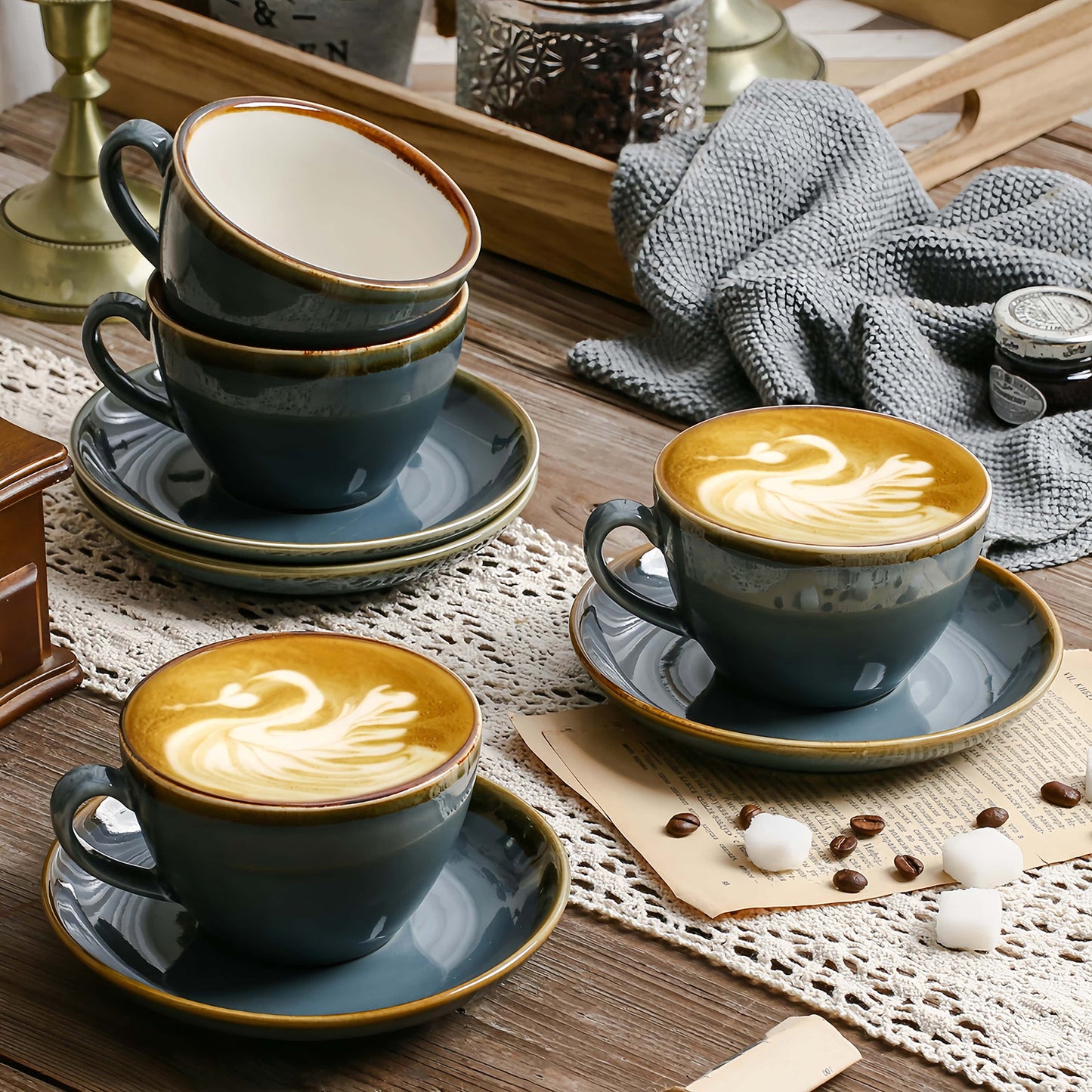 SHUER Ceramic Cappuccino Cup Set of 4, 7.8 OZ Cups and Saucers Set,Coffee Mocha Cup Sets,Black Coffee Cups and Glaze Americano Mugs Great for Party and Low Tea Time