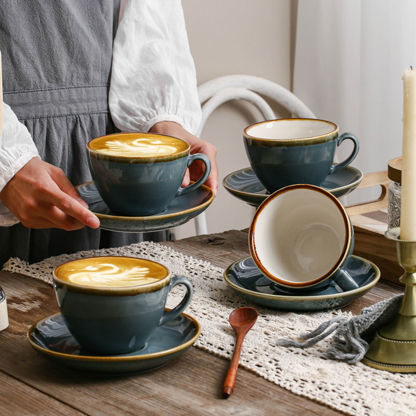 SHUER Ceramic Cappuccino Cup Set of 4, 7.8 OZ Cups and Saucers Set,Coffee Mocha Cup Sets,Black Coffee Cups and Glaze Americano Mugs Great for Party and Low Tea Time