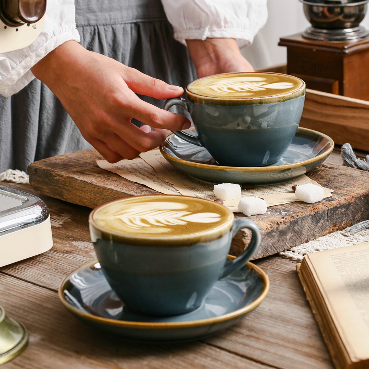 SHUER Ceramic Cappuccino Cup Set of 4, 7.8 OZ Cups and Saucers Set,Coffee Mocha Cup Sets,Black Coffee Cups and Glaze Americano Mugs Great for Party and Low Tea Time
