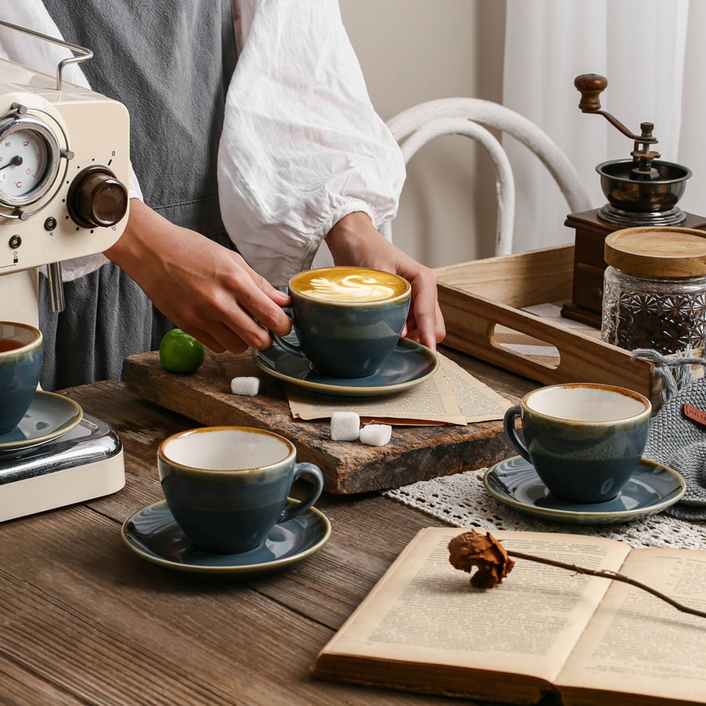 SHUER Ceramic Cappuccino Cup Set of 4, 7.8 OZ Cups and Saucers Set,Coffee Mocha Cup Sets,Black Coffee Cups and Glaze Americano Mugs Great for Party and Low Tea Time
