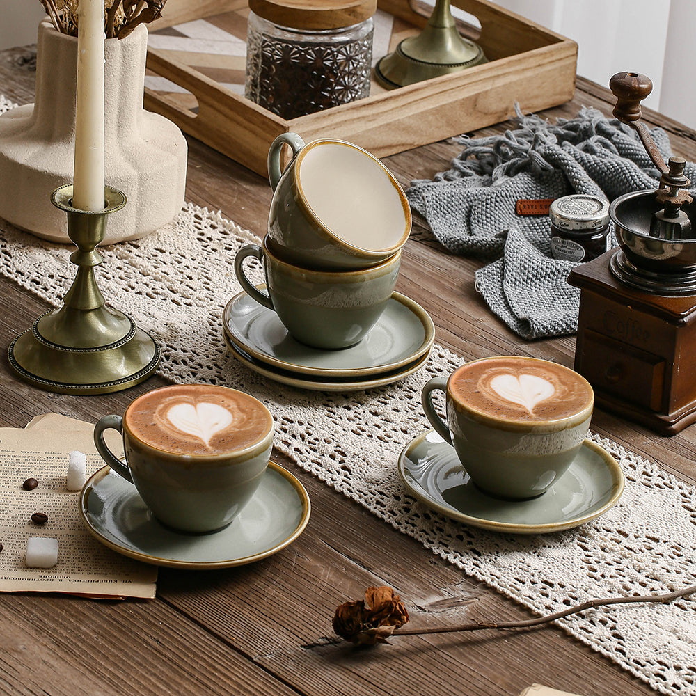 SHUER Ceramic Latte Coffee Cup Set of 4, 11.2 Oz Tea Cup and Saucers Sets,Glaze Americano Cups and Macchiato Coffee Cups,Low Tea Time Mug Set Great for Party