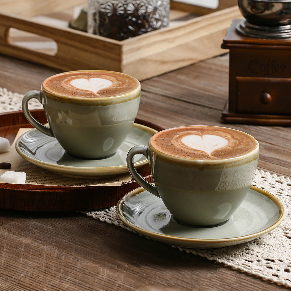 SHUER Ceramic Latte Coffee Cup Set of 4, 11.2 Oz Tea Cup and Saucers Sets,Glaze Americano Cups and Macchiato Coffee Cups,Low Tea Time Mug Set Great for Party