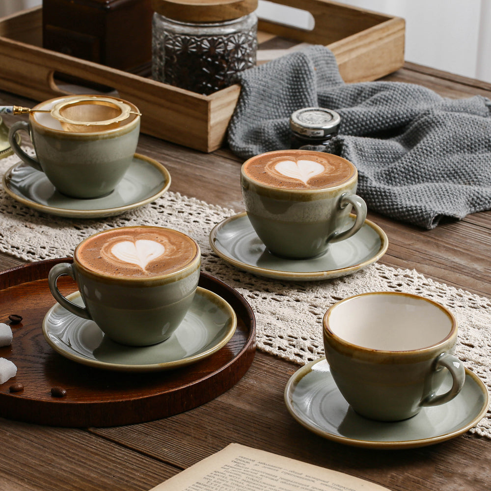 SHUER Ceramic Latte Coffee Cup Set of 4, 11.2 Oz Tea Cup and Saucers Sets,Glaze Americano Cups and Macchiato Coffee Cups,Low Tea Time Mug Set Great for Party