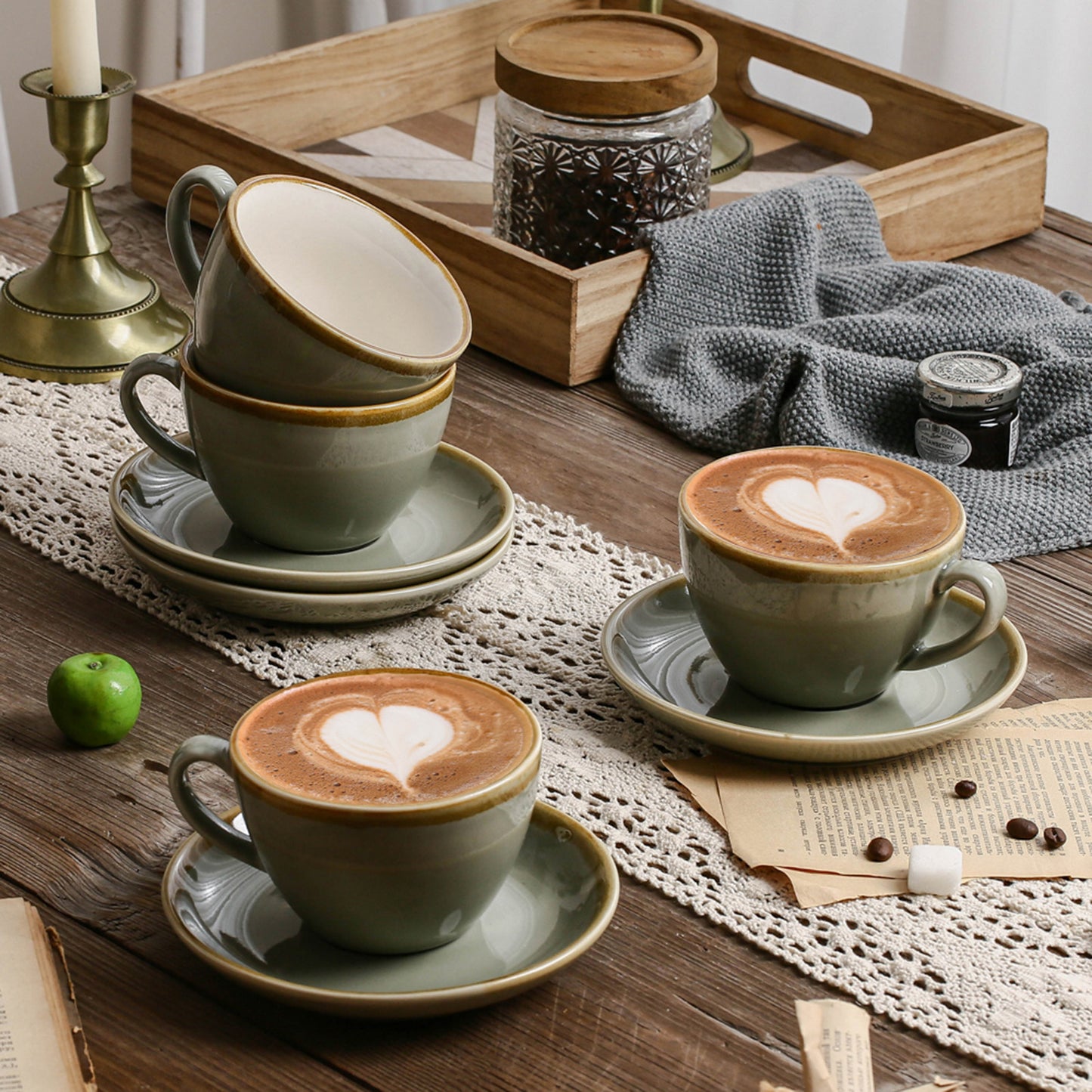 SHUER Ceramic Latte Coffee Cup Set of 4, 11.2 Oz Tea Cup and Saucers Sets,Glaze Americano Cups and Macchiato Coffee Cups,Low Tea Time Mug Set Great for Party