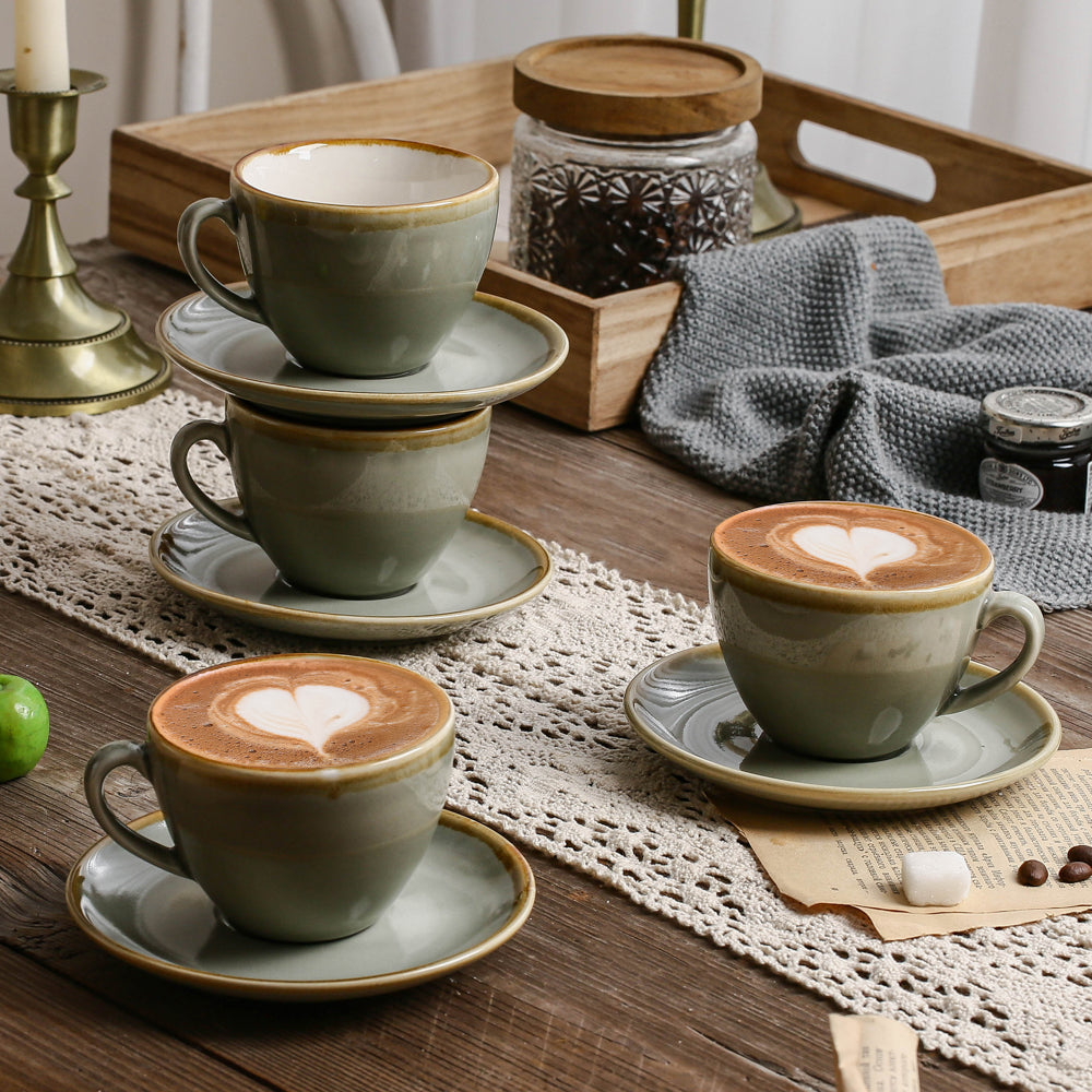 SHUER Ceramic Latte Coffee Cup Set of 4, 11.2 Oz Tea Cup and Saucers Sets,Glaze Americano Cups and Macchiato Coffee Cups,Low Tea Time Mug Set Great for Party